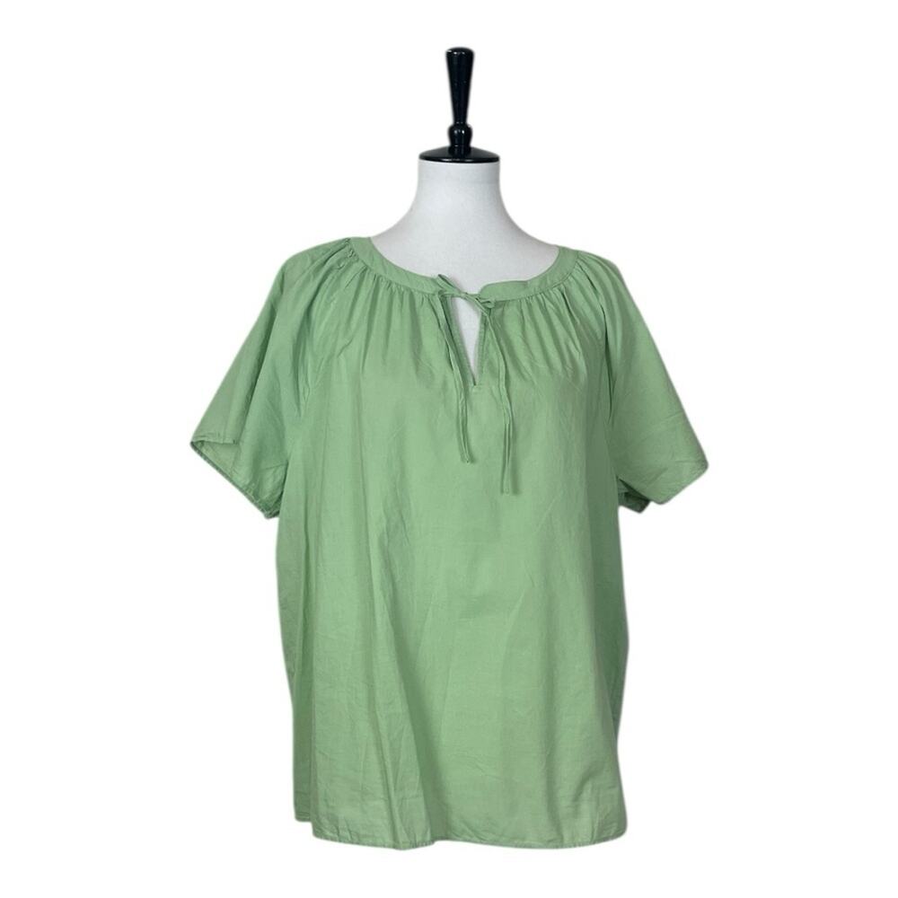 LOFT Popover Top Tie Neck Short Sleeves Cotton Mint Green Women’s Size XL